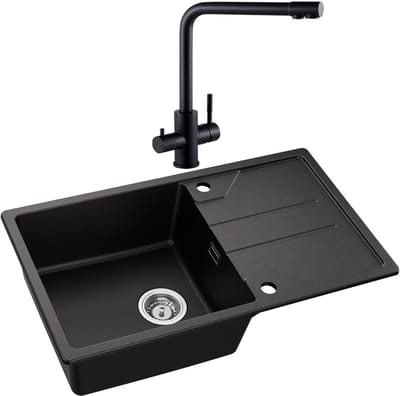 DERW MAX Spoelbak Keuken 78x45CM - Granieten Spoelbak Met 3 Wege Keukenkraan - Opbouw Spoelbak Keuken met Planchet en Afdrui - Zwart