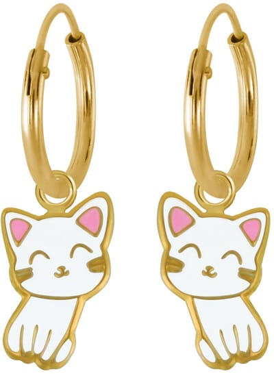 Joy|S - Zilveren kat poes bedel oorbellen - wit - oorringen - gold plated