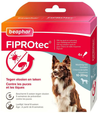 Beaphar Fiprotec Anti Teken- en Vlooiendruppels Hond 10 - 20 kg - 2 x 4 stuks - Voordeelverpakking