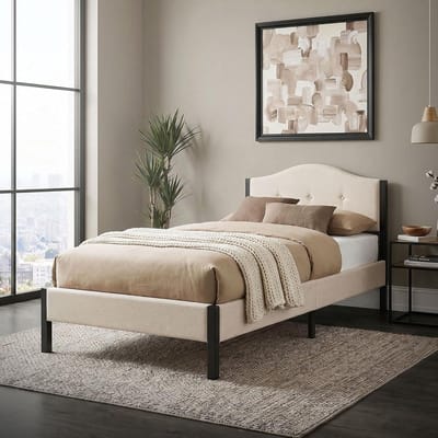 Gestoffeerd Bed - Eenpersoonsbed - Slaapcomfort - Stabiel Stalen Frame - 90 x 200 cm - Beige