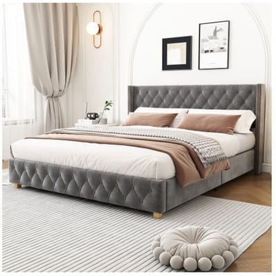 Gestoffeerd bed - MUVOE - 160x200 cm - Hoofdbord met knopen - Grijs fluweel - 2-persoons grijs