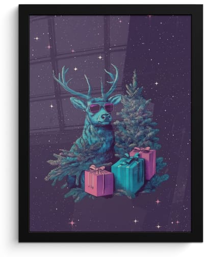 Poster in lijst - Fotolijst 30x40 cm - Posters - Rendier - Zonnebril - Neon - Kerstboom - Posterlijst zwart - Decoratie - Wanddecoratie woonkamer - Muurdecoratie slaapkamer - Kerstversiering - Kerstdecoratie voor binnen - Kerstmis