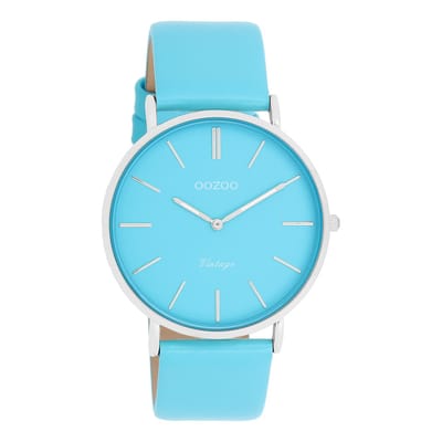 OOZOO Vintage series - Zilverkleurige OOZOO horloge met felblauwe leren band - C20322