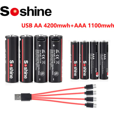 Soshine AA en AAA oplaadbare Li-ionbatterijen USB Lithium 1,5 V AA 2600 mWh 3500 mwh 4200 mwh + 1,5 V AAA 600 mwh 1100 mwh batterij AAA 600mwh  12pc