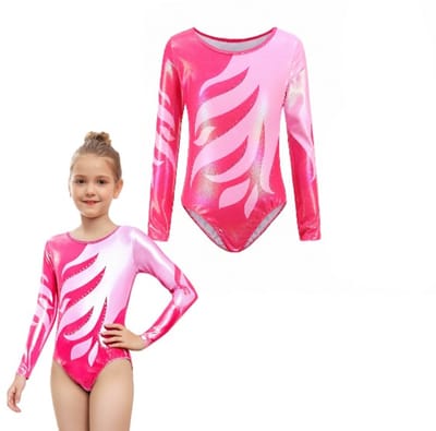 Turnpakje – Turnen - Gymnastiekpakje Zomer met Mouw - Turnpakje mouw - Maat 120 - Hard Roze met Glitters en Strass Steentjes Ballet pakje - LOUZIR
