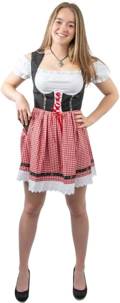 Haus Huberts Dirndl Jurk Nena - Dames - Oktoberfest Dirndl - Tiroler- Zwart-Rood Geblokt - Maat S