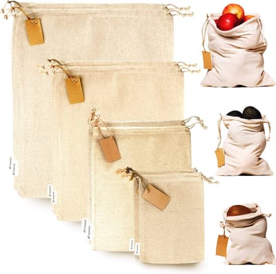 Herbruikbare Mousseline Tassen - Set van 8 Met Trekkoorden in Diverse Maten (S, M, L, XL)