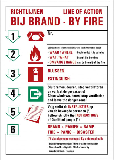 Richtlijnen bij brand sticker, tweetalig, staand 210 x 297 mm