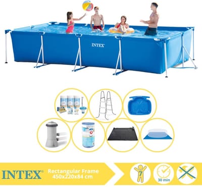 Intex Rechthoekig Frame Zwembad - 450 x 220 x 84 cm - Blauw - Inclusief Onderhoudspakket - Zwembadfilterpomp - Filter - Grondzeil - Solar Mat - Ladder - Voetenbad - 8-delig
