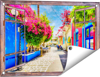 Gards Tuinposter Doorkijk Kleurrijke Straat op het Eiland Kos, Griekenland - 60x40 cm - Tuindoek - Tuindecoratie - Wanddecoratie buiten - Tuinschilderij