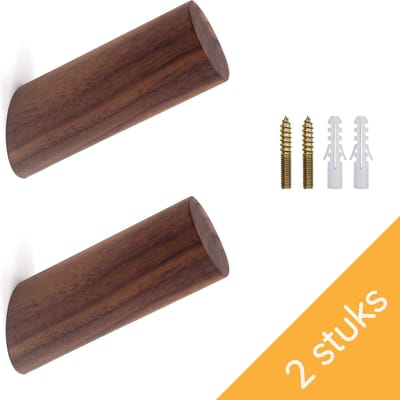 Homium Houten wandhaken - Walnoot - 2 stuks - 8 cm - Kapstokhaak - Jashaak - Handdoekhaak
