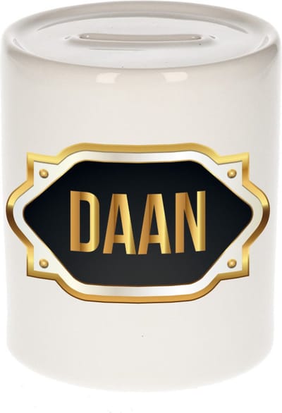 Spaarpot met voornaam Daan - wit - met goud/zwart embleem - 8 x 9 cm - keramiek - met afsluitdop - cadeau verjaardag