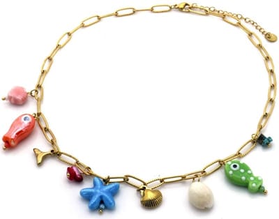 Ketting met Bedels - Goudkleurig - Vrolijk Gekleurde Bedels - Zeester Schelpjes Visjes - RVS - Stainless Steel