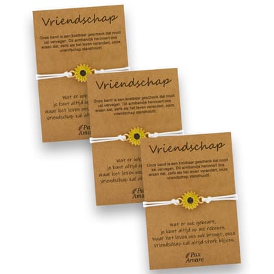 Vriendschapsarmbandjes voor 3 "Vriendschap" - Zonnebloem - BFF Armbandjes met Persoonlijk Cadeau Kaartje - Wit met Bloem Hanger - Op Drie Kaartjes- Pax Amare