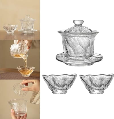 Elegante Vintage Theeset van IJs Glas met 2 Handgemaakte Theekopjes en Gaiwan, Duurzaam en Hittebestendig voor Thuis of Kantoor, Perfect voor Kung Fu Theeceremonies