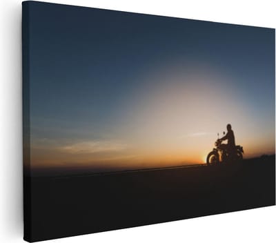 Artaza Canvas Schilderij Motorrijder - 30x20 cm - Klein - Wanddecoratie Zon - Muurdecoratie Mannen - Schilderijen Op Canvas Silhouet