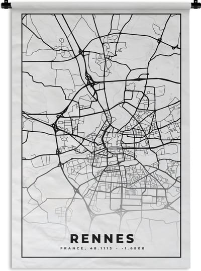 Wandkleed - Wanddoek - Frankrijk - Plattegrond - Rennes - Stadskaart - Kaart - Zwart wit - 120x180 cm - Wandtapijt