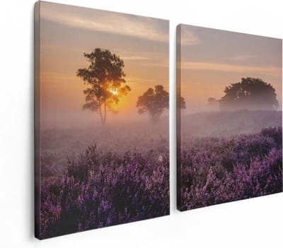 Artaza Canvas Schilderij Tweeluik Weide in de Veluwe bij Zonsondergang - 120x80 - Foto Op Canvas - Canvas Print