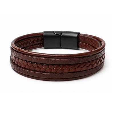 Bruine leren heren armband – vegan leer – gevlochten design – magneetsluiting