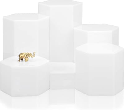 Acryl Sieraden Display - Zeshoekige Risers - Winkel Presentatie - Set van Zes - Verschillende Hoogtes - Glanzend Wit