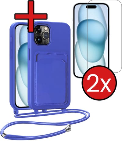 Hoesje Geschikt voor iPhone 14 Pro Hoesje Met Telefoonkoord en Pasjeshouder Met 2x Screenprotector Siliconen - Hoes Geschikt voor iPhone 14 Pro Hoesje Met Kaarthouder Case - Felblauw