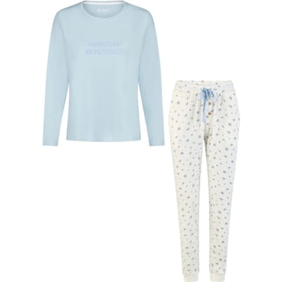 By Louise Dames Pyjama Set Lang Blauw/Wit Gebloemd - Maat S