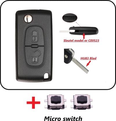 Autosleutelbehuizing 2 knoppen CEO523-HU83 met Micro schakelaars geschikt voor Peugeot Sleutel / Peugeot Expert / Peugeot 207 / Peugeot 307 / Peugeot 3008.