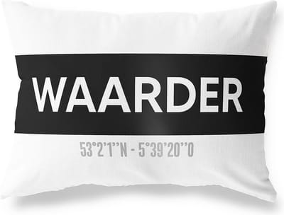Tuinkussen WAARDER - ZUID-HOLLAND met coördinaten - Buitenkussen - Bootkussen - Weerbestendig - Jouw Plaats - Studio216 - Modern - Zwart-Wit - 50x30cm