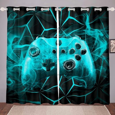Gaming Gordijnen Draperieën Kinderen Gamer Videogames Gordijnset voor Jongens Modern Gamecontroller Stoffen Gordijn Groen Gamer 2 Stuks W60H60(CM)x2PCS&Grommet Top blue