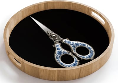 Dienblad rond 40x40 cm - Schootdienblad hout - Schaar - Delfts blauw - Zwart - Borrelplank rechthoek - Plateau houten dienbladen