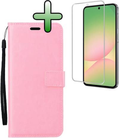 Hoesje Met Screenprotector - Geschikt voor Samsung Galaxy A56 - Luxe Pasjeshouder - Bookcase Portemonee - Flip Case - Kunstleer Book Case - Flipcase - Book Cover - Walletcase - Portemonneehoes - Lichtroze