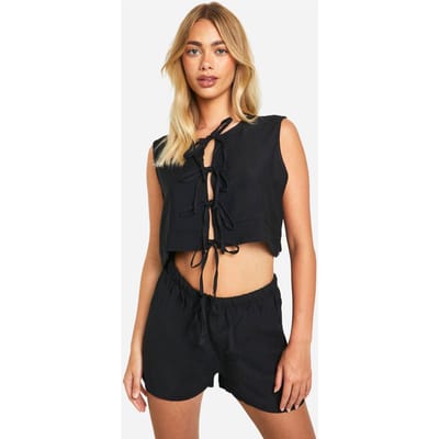 boohoo Dames Linnen-look blouse zonder mouwen met striksluiting aan de voorkant & Flippy shorts | Zwart | Maat: 42
