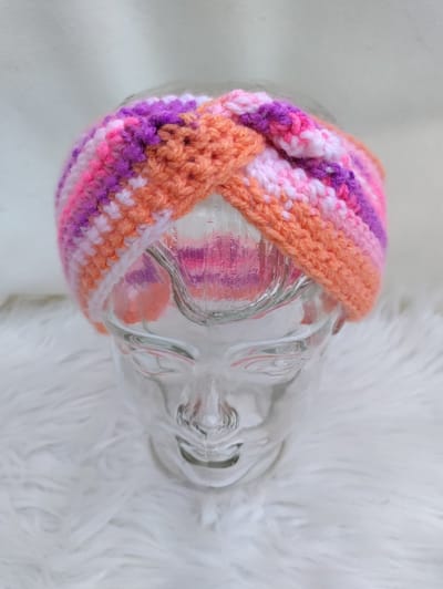Handgemaakte haarband / hoofdband / oorwarmer in oranje, roze, paars, wit gehaakt