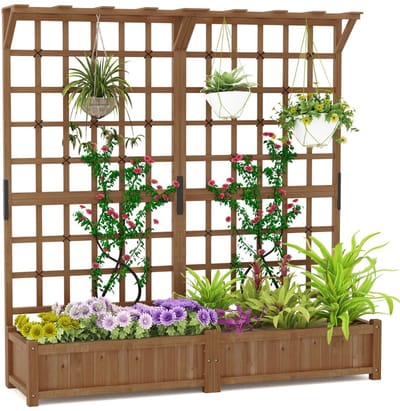 Plantenbak met klimrek - Bloembak - Weerbestendig - Met trellis - Buiten - Plantenrek - Koffie Bruin