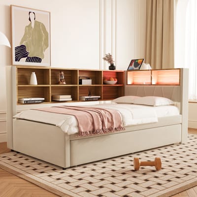 REDOM slaapbank 90x200 cm – Uitschuifbed 90x190 cm – Flanel beige – LED, USB, stopcontact, opbergvakken