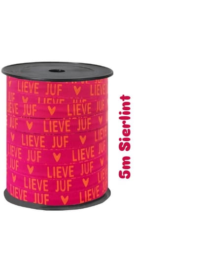 5m Sierlint roze met oranje Lieve Juf - krullint - cadeau versiering - Niet op spoel geleverd