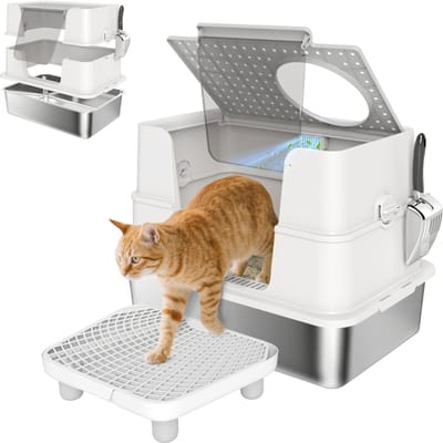 Daity 1 stuk - XL roestvrijstalen kattenbak voor grote katten, 100° draaibaar deksel, schepje, 60,2 x 40,2 x 44,5 cm, lichtgrijs