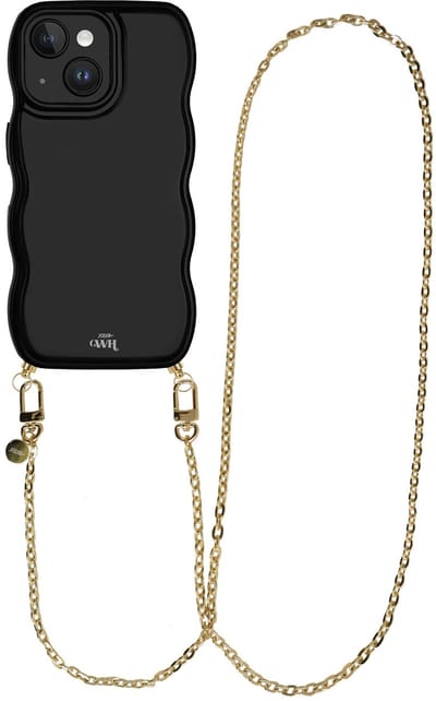 xoxo Wildhearts Glossy Wavy Cord Case Zwart - Geschikt voor iPhone 13 - Dreamy - Lang koord - Glimmend telefoonhoesje met golven - Hoesje met koord - Gouden ketting - lang telefoonkoord - Zwart hoesje - Lange variant koord
