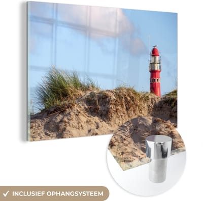 MuchoWow® Glasschilderij 120x80 cm - Schilderij acrylglas - Strand - Vuurtoren - Duin - Foto op glas - Muurdecoratie woonkamer - Wanddecoratie slaapkamer - Schilderijen