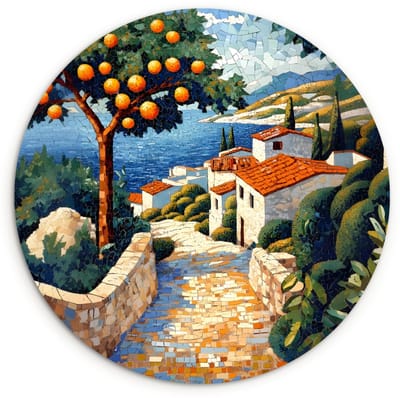 WallCircle® Wandcirkel 120x120 cm - Muurcirkel Huizen - Mozaïek - Sinaasappelbomen - Zee - Muurdecoratie woonkamer - Wanddecoratie slaapkamer - Kamer decoratie accessoires - Ronde schilderijen XXL