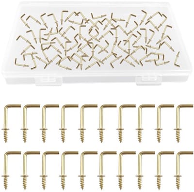 5/8" Schroefhaken, 100 stuks L-vormige haken voor schouders, kast haken, haak met rechte hoek, zelftappende schroefhaken voor binnen en buiten (Goud)