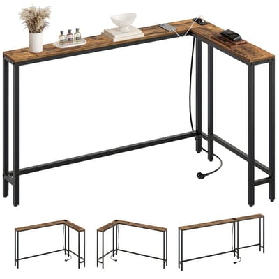 Smalle consoletafel 180 cm – L-vormige ingangstafel met 3 combinatiemodi, 1 stopcontact en 2 USB-poorten, vintage bruin