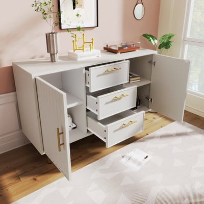 DESMIU Dressoir Met 2 Deuren En 3 Lades - Modern Geribbeld Ontwerp Met Gouden Grepen - Voor Woonkamer En Slaapkamer - Metaal En Spaanplaat - Wit - 120 X 40 X 75 Cm