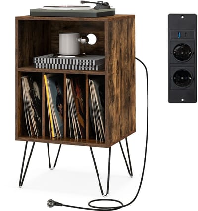 COSTWAY Platenspelerstandaard met laadstation, 3-traps platenstandaard, vinylplaten, opbergtafel met plank en 4 scheidingswanden voor woonkamer, 48 x 40 x 88 cm (industrieel)