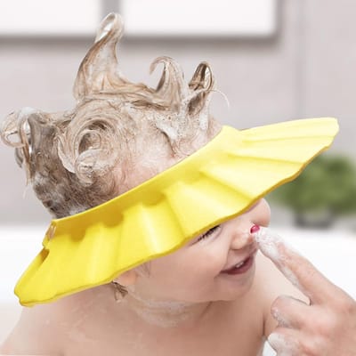 Daity 1 stuk - Verstelbare babyshampoo-muts - Hoofdbescherming voor het wassen en baden van het haar - Badmuts voor peuters/kinderen (geel, 30 cm)