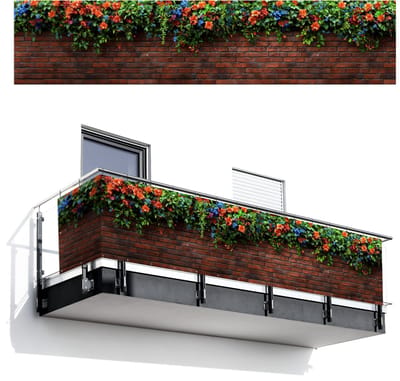 Balkonscherm 500x110 cm - Balkonposter Bloemen - Muur - Groen - Oranje - Balkon scherm decoratie - Balkonschermen - Balkondoek zonnescherm