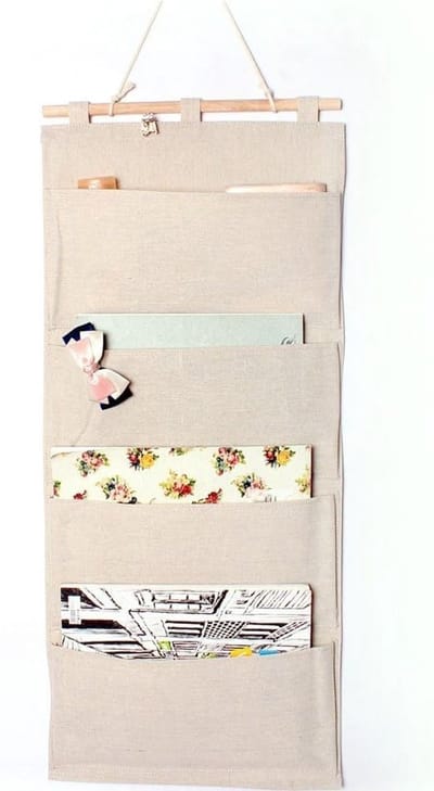 Wandhanger met 4 vakken van linnen en katoen voor boeken, kantoorbenodigdheden en keukengerei - Perfecte opberging voor slaapkamer en woonkamer, 30cm x 64cm