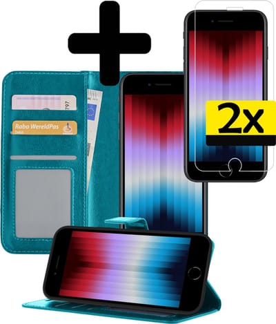 Hoesje - Met 2x Screenprotector - Geschikt voor Apple iPhone SE (2022) - Luxe Pasjeshouder - Bookcase Portemonee - Flip Case - Kunstleer Book Case - Flipcase Hoes - Book Cover - Walletcase - Portemonneehoes - Telefoonhoesjes - Turquoise