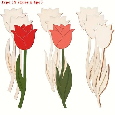 Prachtig Houten Roosvormig Doe-het-zelf Knutselpakket - Perfect voor Bruiloft, Verjaardag en Feestdecoraties, Pak van 12 12-Piece set (3 styles x 4 pieces) red