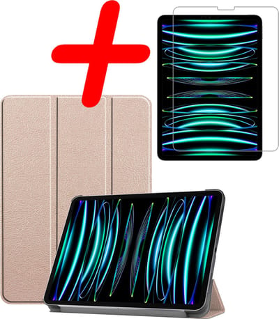 Hoesje Geschikt voor Apple iPad Pro (2022) - 11 inch - 4e generatie - Met Screenprotector - Trifold Bookcase - Hard Cover - Hardcover Book Case - Tablet Hoes - Goud